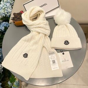 Moncler Ivory Cable Knit Scarf and Pom Beanie